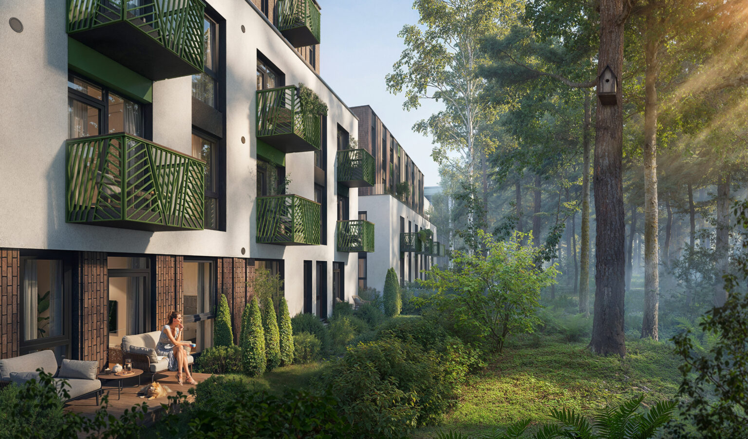 Facade with green balconies and a terrace by the pine wood